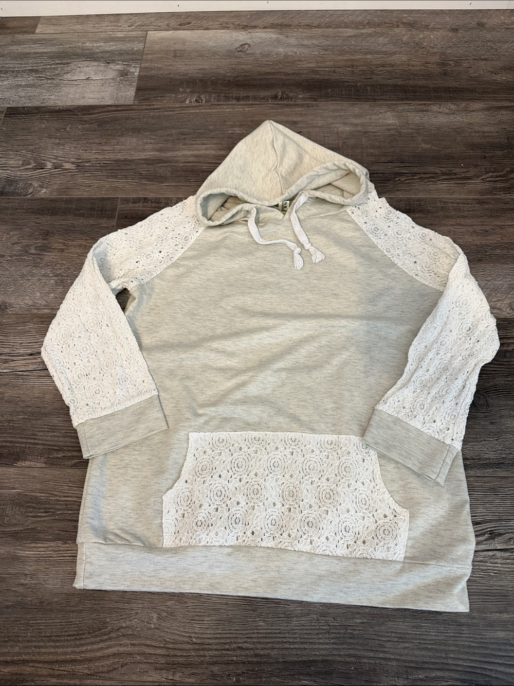 NNJ Lace-Trim Hooded‎ Pullover Sweatshirt - Grey